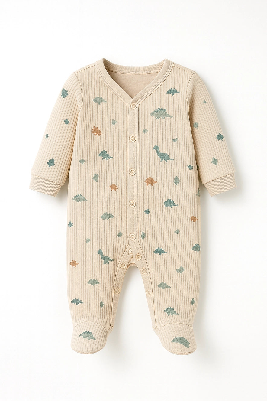 Little Dinosaurs Printed Ribbed Cotton Baby Sleepsuit