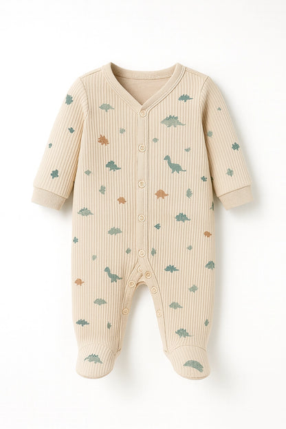 Little Dinosaurs Printed Ribbed Cotton Baby Sleepsuit